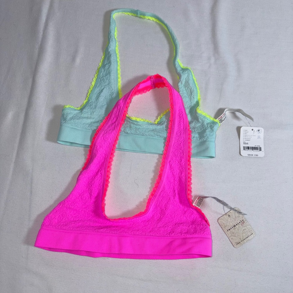 Free People Moonlight Halter Bralette XS Small Pink Blue NEW 2 Pack Lace Trim